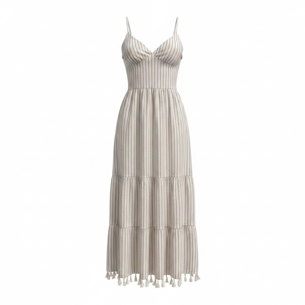 Lulus Womens M Tan Striped Tassel Tiered Maxi Dress Boho Festival Cottagecore